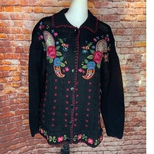 Vintage Beldoch Popper Cottage Core Button Down Floral Embroidered Cardi…